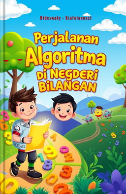A whimsical book cover design for a children's story titled 'Perjalanan Algoritma Di Negeri Bilangan'
