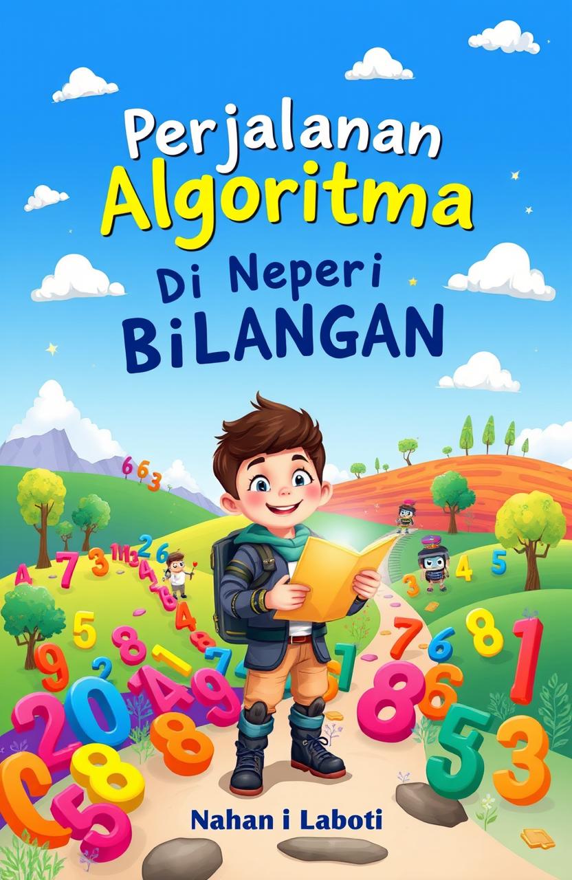 A whimsical book cover design for a children's story titled 'Perjalanan Algoritma Di Negeri Bilangan'