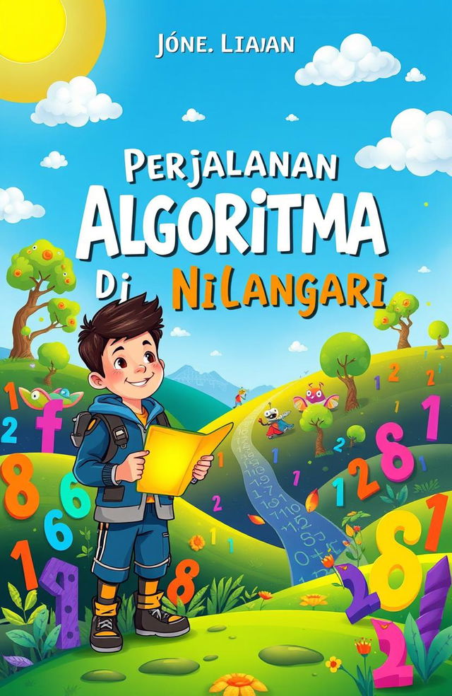 A whimsical book cover design for a children's story titled 'Perjalanan Algoritma Di Negeri Bilangan'