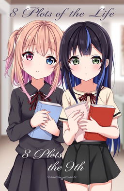 Two Asian girls standing together, each holding books in their hands