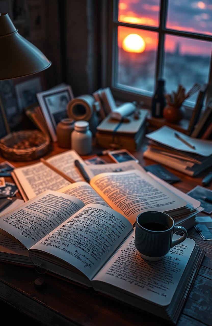 An introspective scene depicting the life journey of a person, showcasing a stack of open books and journals filled with handwritten notes and sketches