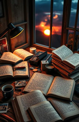 An introspective scene depicting the life journey of a person, showcasing a stack of open books and journals filled with handwritten notes and sketches