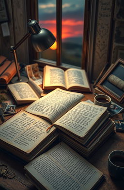 An introspective scene depicting the life journey of a person, showcasing a stack of open books and journals filled with handwritten notes and sketches