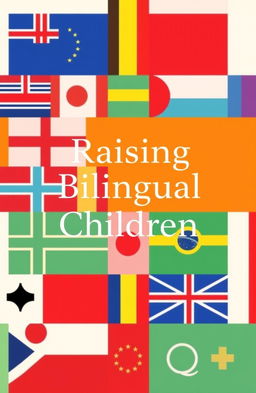 A minimalist book cover design for 'Raising Bilingual Children' featuring abstract patterns that represent the most recognizable world flags