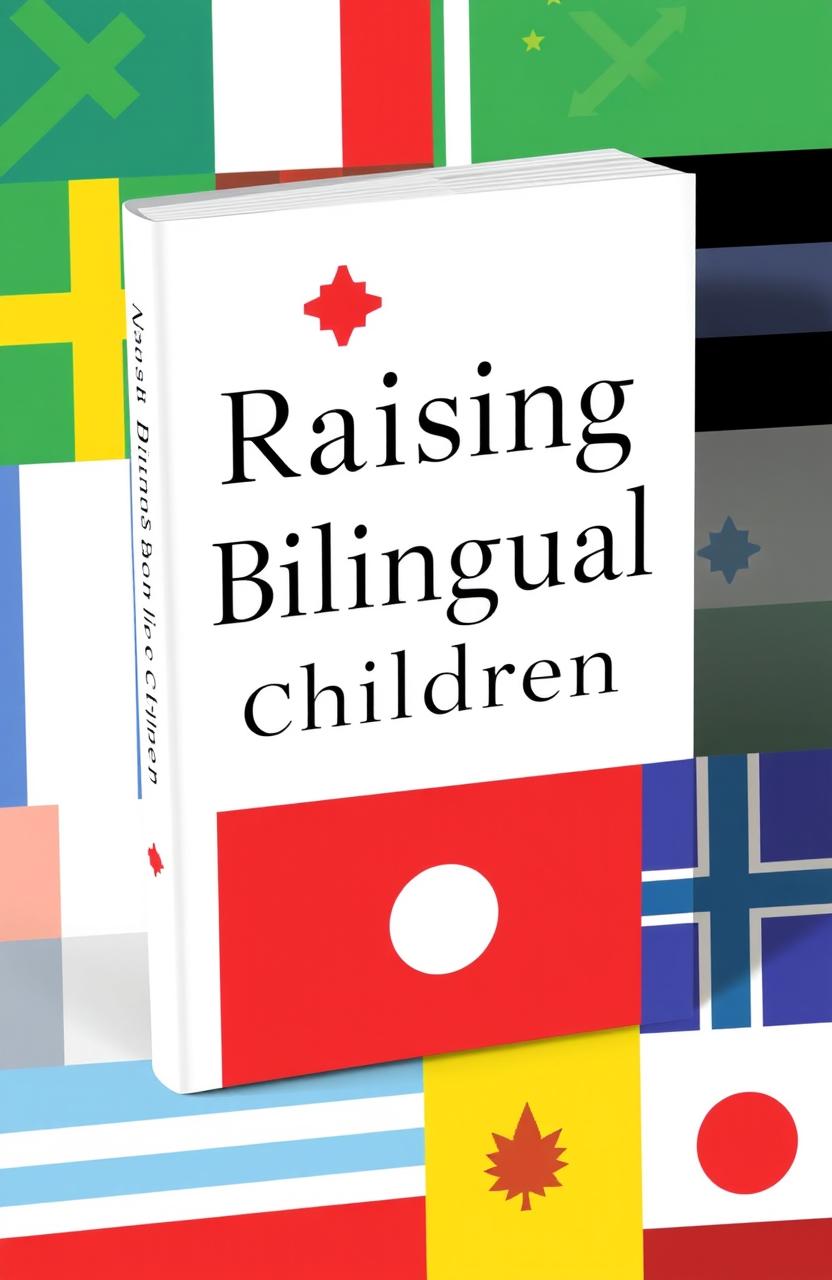 A minimalist book cover design for 'Raising Bilingual Children' featuring abstract patterns that represent the most recognizable world flags