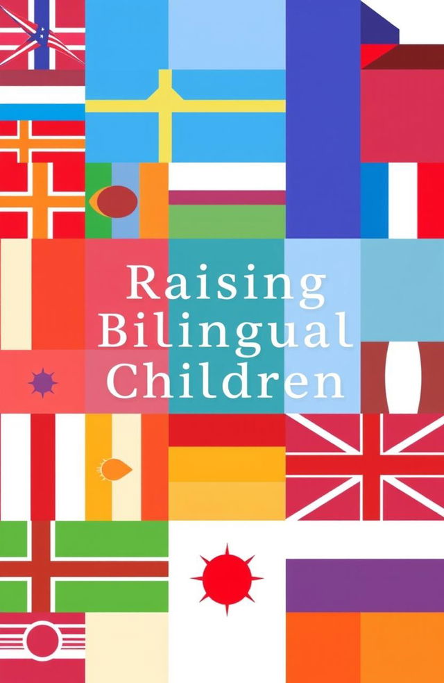 A minimalist book cover design for 'Raising Bilingual Children' featuring abstract patterns that represent the most recognizable world flags