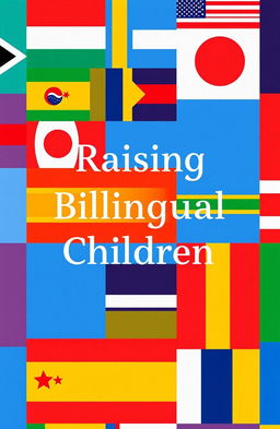 A minimalist book cover design for 'Raising Bilingual Children' featuring abstract patterns that represent the most recognizable world flags