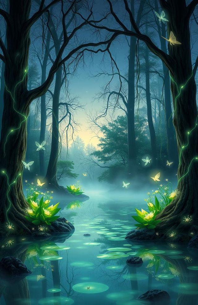 A mystical forest scene at twilight, with glowing bioluminescent plants surrounding a serene, crystal-clear pond reflecting the starry sky