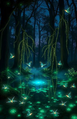 A mystical forest scene at twilight, with glowing bioluminescent plants surrounding a serene, crystal-clear pond reflecting the starry sky