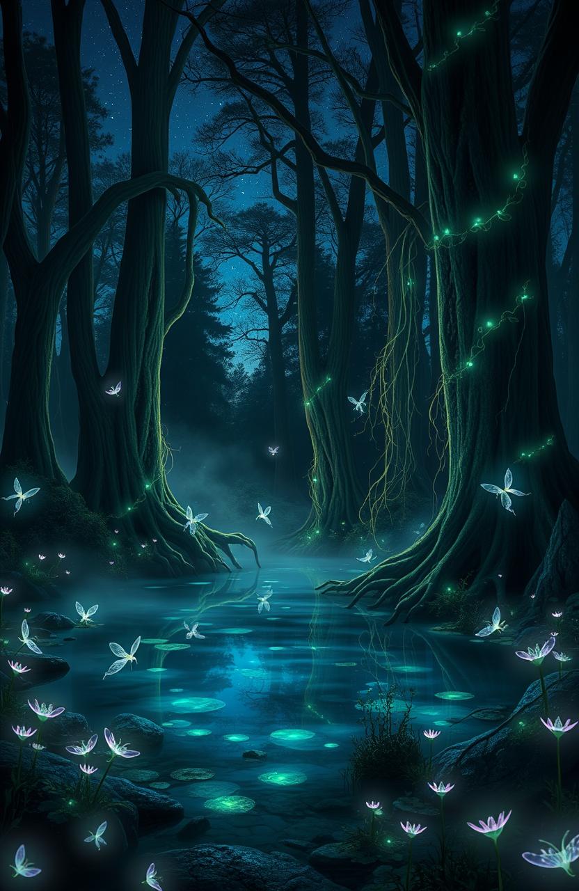 A mystical forest scene at twilight, with glowing bioluminescent plants surrounding a serene, crystal-clear pond reflecting the starry sky