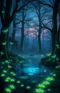 A mystical forest scene at twilight, with glowing bioluminescent plants surrounding a serene, crystal-clear pond reflecting the starry sky