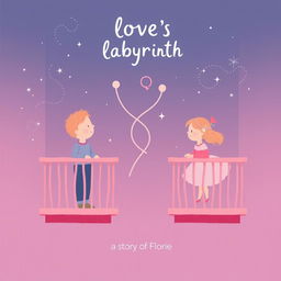 A charming illustration featuring a boy and a girl on two adjacent balconies, each with a soft pink color palette reminiscent of the night sky