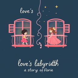 A charming illustration featuring a boy and a girl on two adjacent balconies, each with a soft pink color palette reminiscent of the night sky