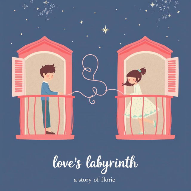 A charming illustration featuring a boy and a girl on two adjacent balconies, each with a soft pink color palette reminiscent of the night sky