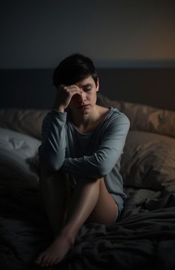 A person sitting on a bed, looking pensive and in a thoughtful stance
