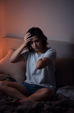 A person sitting on a bed, looking pensive and in a thoughtful stance