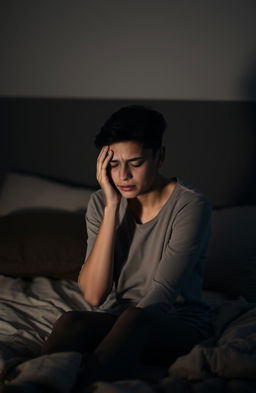 A person sitting on a bed, looking pensive and in a thoughtful stance