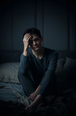 A person sitting on a bed, looking pensive and in a thoughtful stance