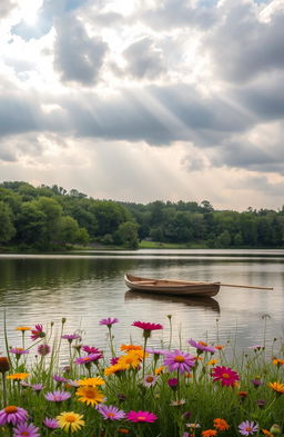 A soothing and comforting scene depicting a serene landscape, featuring a peaceful lake surrounded by lush green trees under a cloudy sky