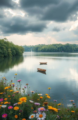A soothing and comforting scene depicting a serene landscape, featuring a peaceful lake surrounded by lush green trees under a cloudy sky