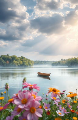A soothing and comforting scene depicting a serene landscape, featuring a peaceful lake surrounded by lush green trees under a cloudy sky