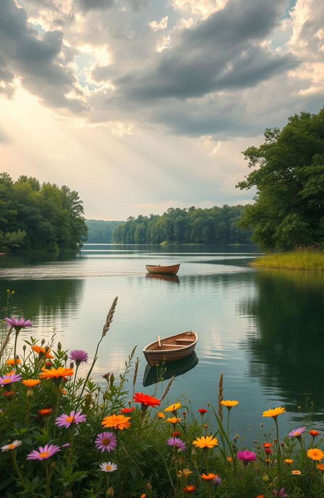 A soothing and comforting scene depicting a serene landscape, featuring a peaceful lake surrounded by lush green trees under a cloudy sky