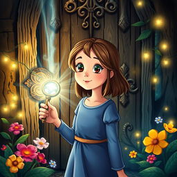 A captivating illustrated scene of Lily, a 12-year-old girl with a look of wonder on her face, standing before an ornate door in a mystical forest