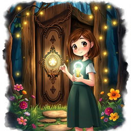 A captivating illustrated scene of Lily, a 12-year-old girl with a look of wonder on her face, standing before an ornate door in a mystical forest
