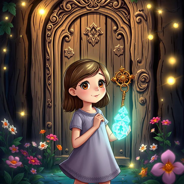 A captivating illustrated scene of Lily, a 12-year-old girl with a look of wonder on her face, standing before an ornate door in a mystical forest