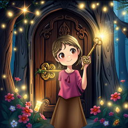 A captivating illustrated scene of Lily, a 12-year-old girl with a look of wonder on her face, standing before an ornate door in a mystical forest