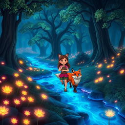 A mesmerizing scene of Lily and the wise fox journeying together through an enchanting landscape filled with glowing rivers and a mystical forest
