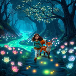 A mesmerizing scene of Lily and the wise fox journeying together through an enchanting landscape filled with glowing rivers and a mystical forest