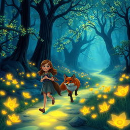 A mesmerizing scene of Lily and the wise fox journeying together through an enchanting landscape filled with glowing rivers and a mystical forest