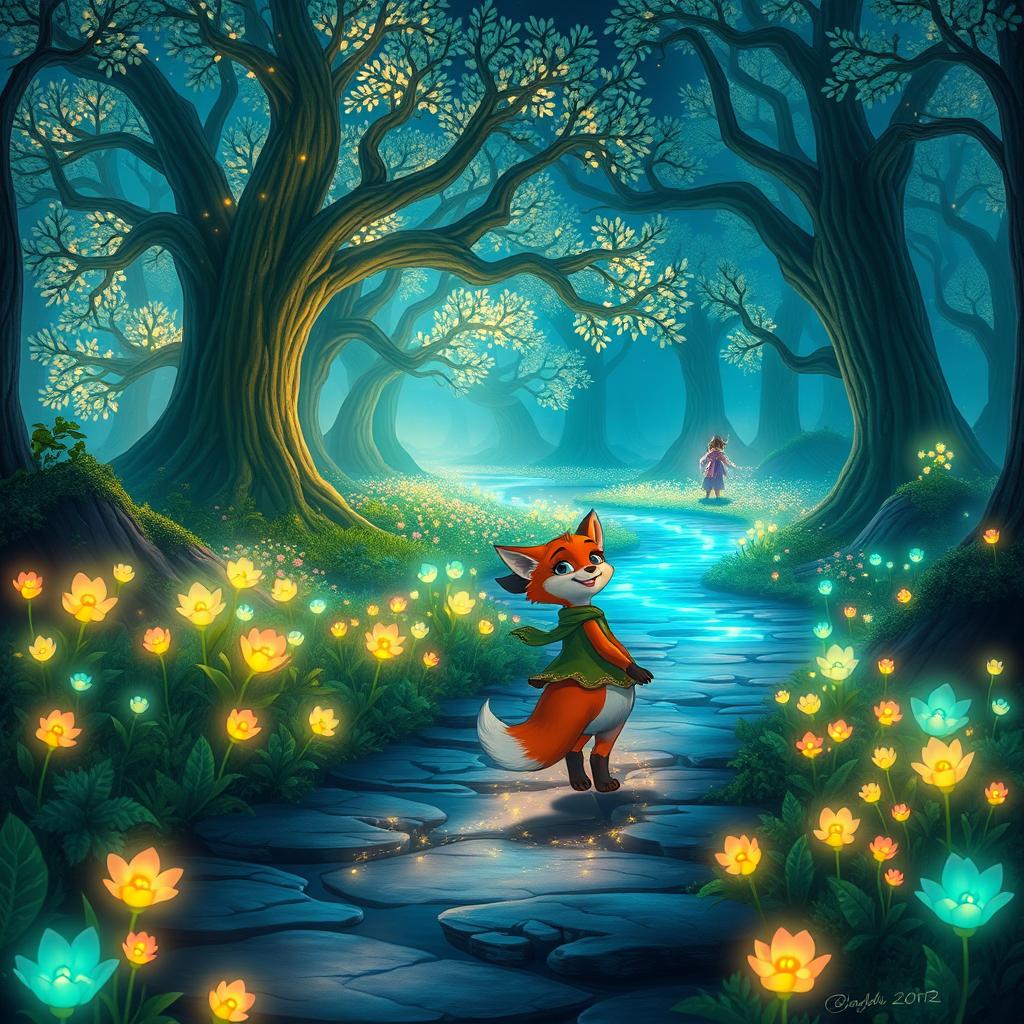 A mesmerizing scene of Lily and the wise fox journeying together through an enchanting landscape filled with glowing rivers and a mystical forest