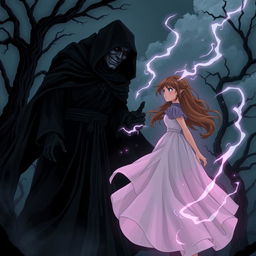 An intense illustrated scene of Lily standing resolutely in confrontation with a dark magician, surrounded by deep shadows in a foreboding atmosphere