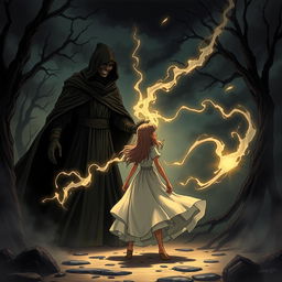 An intense illustrated scene of Lily standing resolutely in confrontation with a dark magician, surrounded by deep shadows in a foreboding atmosphere