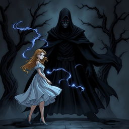 An intense illustrated scene of Lily standing resolutely in confrontation with a dark magician, surrounded by deep shadows in a foreboding atmosphere
