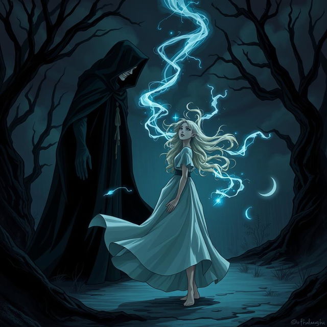 An intense illustrated scene of Lily standing resolutely in confrontation with a dark magician, surrounded by deep shadows in a foreboding atmosphere