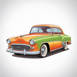 A bright and colorful cartoon illustration of a classic car, presented on a clean, white background.