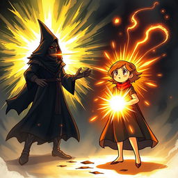 An inspiring illustrated scene depicting Lily's courage as she stands defiantly against the dark magician