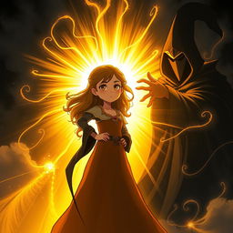An inspiring illustrated scene depicting Lily's courage as she stands defiantly against the dark magician