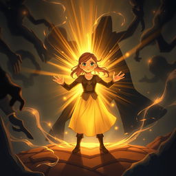 An inspiring illustrated scene depicting Lily's courage as she stands defiantly against the dark magician