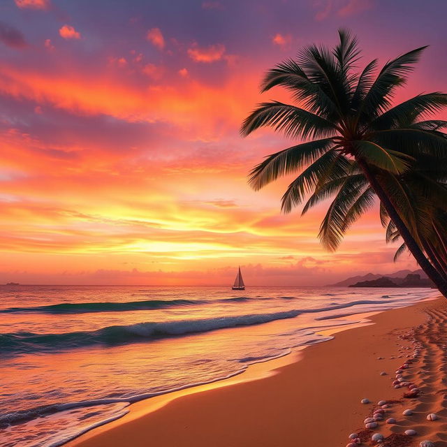 A beautiful sunset over a peaceful tropical beach, with golden sands and gentle waves lapping at the shore