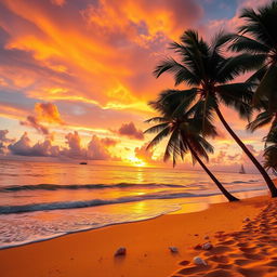 A beautiful sunset over a peaceful tropical beach, with golden sands and gentle waves lapping at the shore