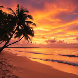A beautiful sunset over a peaceful tropical beach, with golden sands and gentle waves lapping at the shore