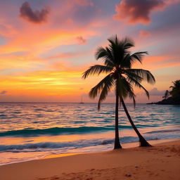 A beautiful sunset over a peaceful tropical beach, with golden sands and gentle waves lapping at the shore