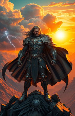 A powerful figure standing heroically on a mountaintop, exuding an intense aura of strength and confidence