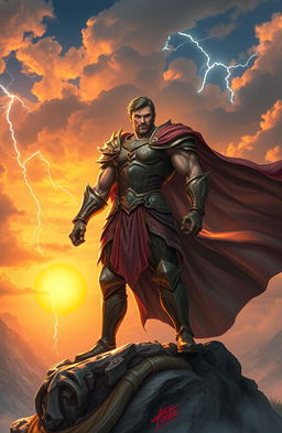 A powerful figure standing heroically on a mountaintop, exuding an intense aura of strength and confidence