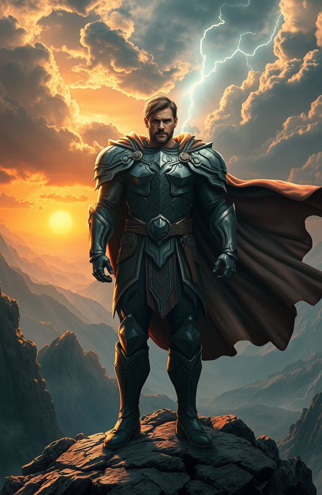 A powerful figure standing heroically on a mountaintop, exuding an intense aura of strength and confidence