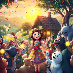 A joyful scene depicting Lily returning home from her adventures, surrounded by a multitude of celebrating creatures from the magical realm